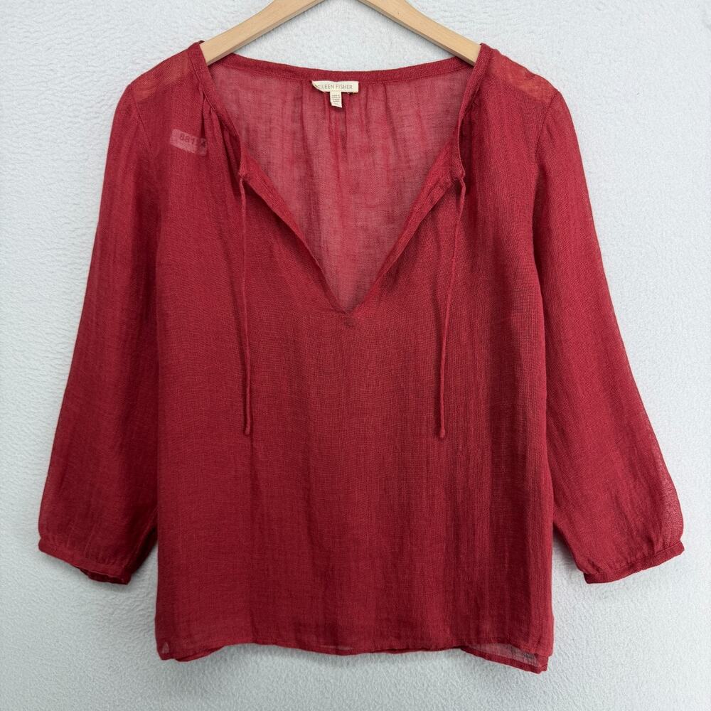 EILEEN FISHER Top XS Linen Gauze Blouse Sheer Split Neck Long Sleeve Red